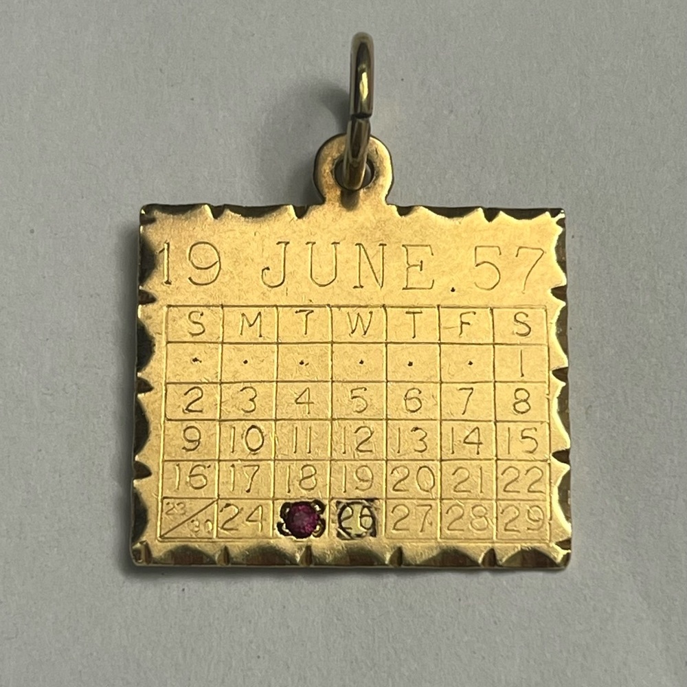 14k Yellow Gold Vintage Calendar Charm Pendant with Ruby Accent - June 25th 1957